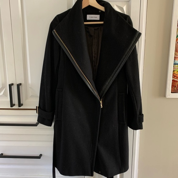 Calvin Klein black wool belted winter coat - Picture 1 of 9